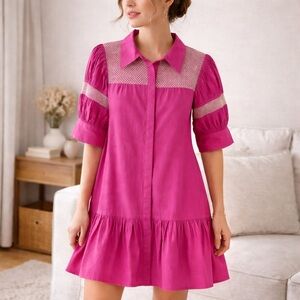 LaRoque Scout Cotton Shirt Mini Dress Pink Crochet Lace Inset Size XL NWT